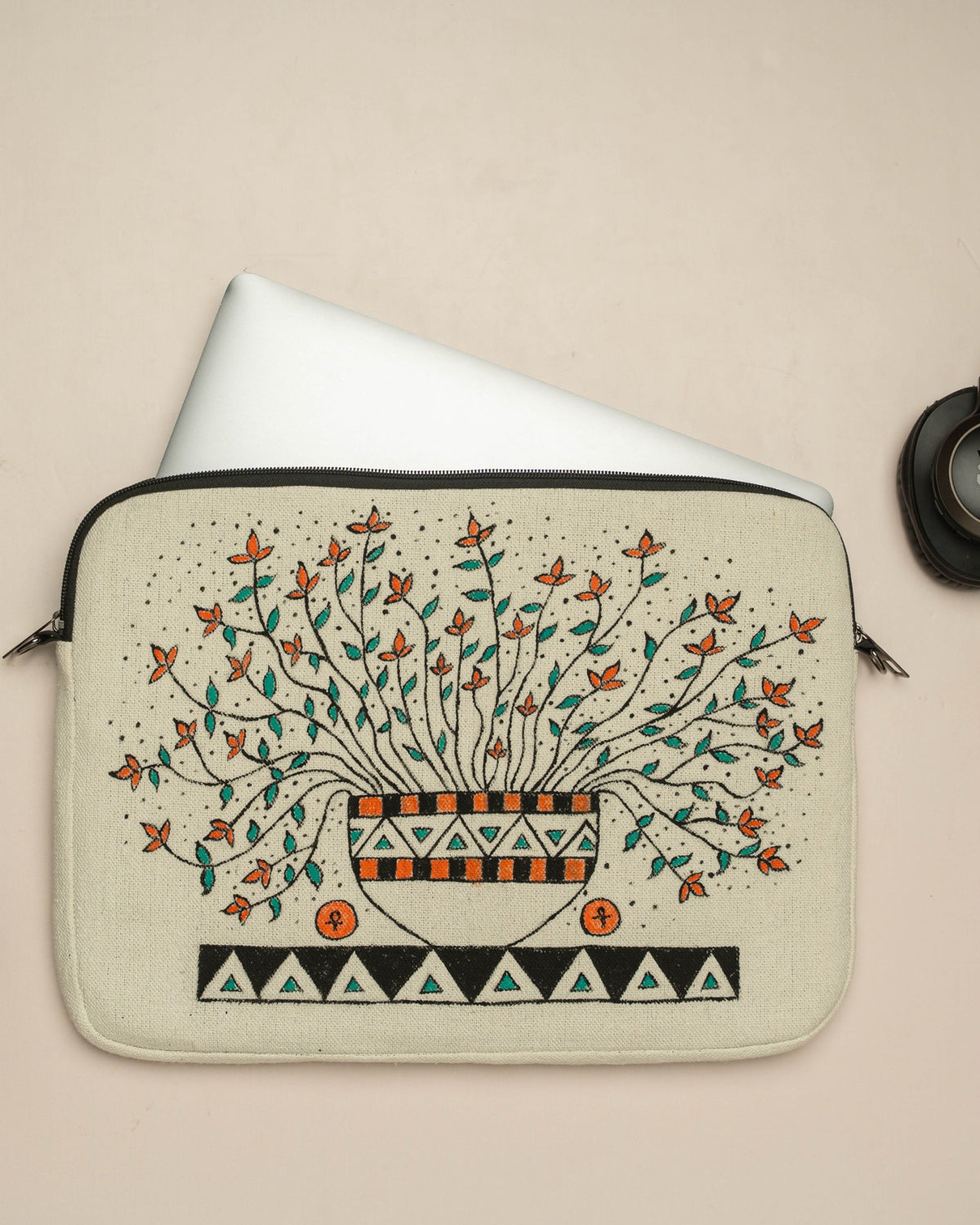 Handpainted Laptop Sleeve "Ankh Blooming Roots"